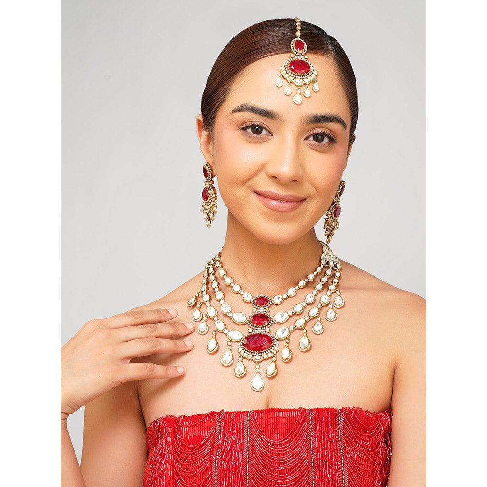 Beryachi Vanya Layered Ruby Kundan Necklace with Earrings & Maangtikka
