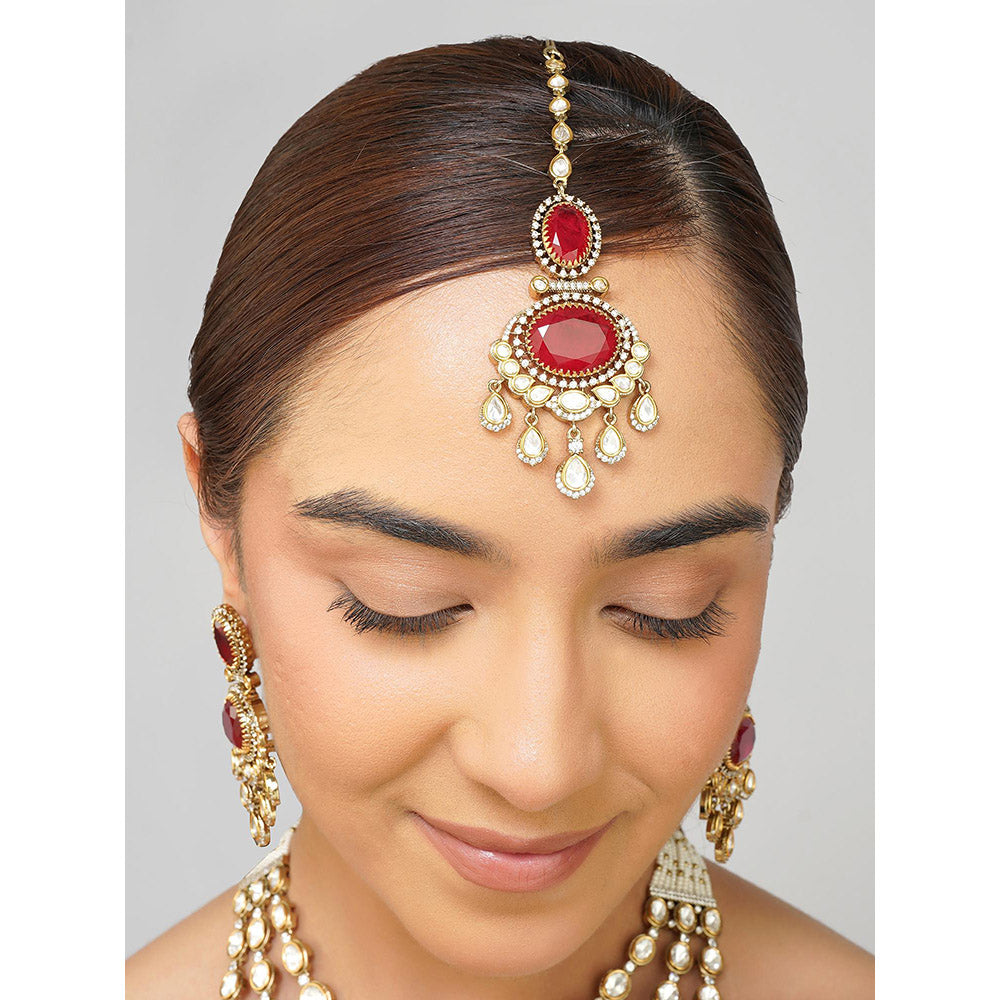 Beryachi Vanya Layered Ruby Kundan Necklace with Earrings & Maangtikka