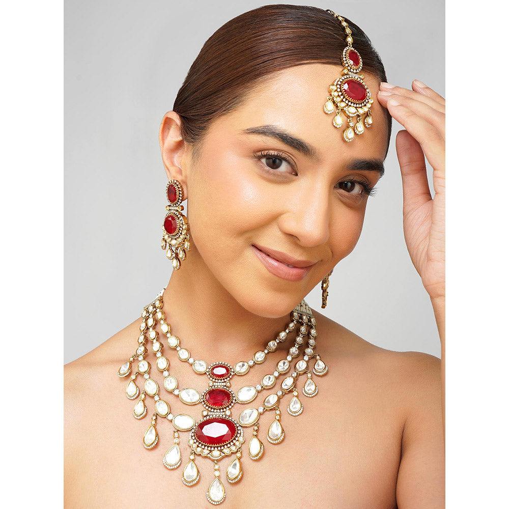 Beryachi Vanya Layered Ruby Kundan Necklace with Earrings & Maangtikka