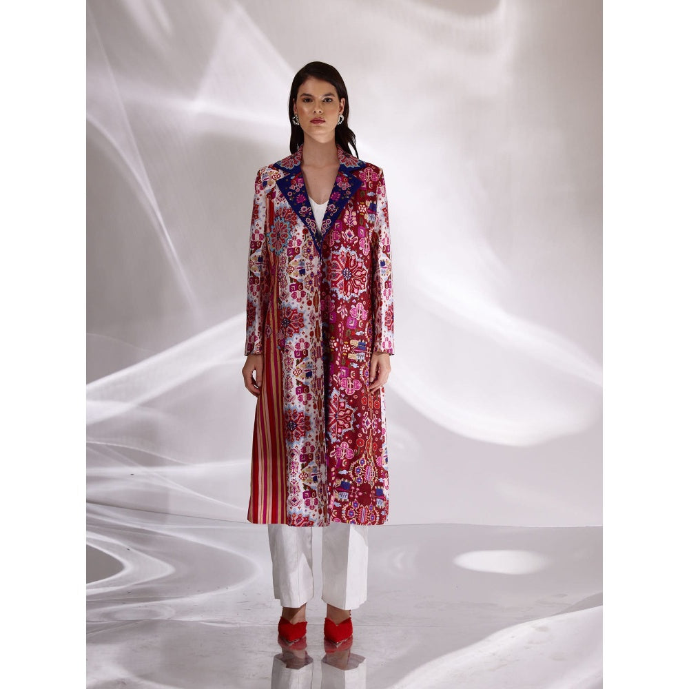 BETRUE Mix Print Hand Embroidered Long Trench in Handloom Organic Cotton and Banana Silk