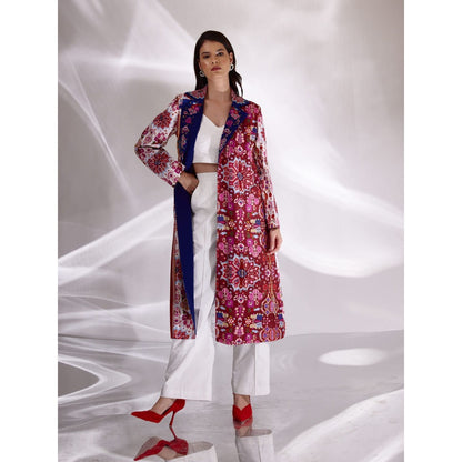 BETRUE Mix Print Hand Embroidered Long Trench in Handloom Organic Cotton and Banana Silk
