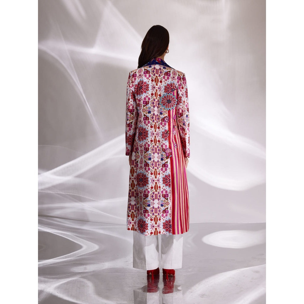 BETRUE Mix Print Hand Embroidered Long Trench in Handloom Organic Cotton and Banana Silk