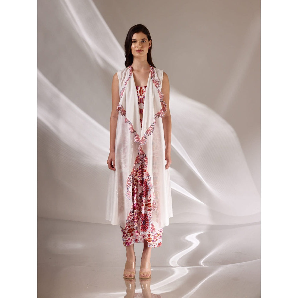 BETRUE White Chanderi Silk Long Embroidered Cape Jacket