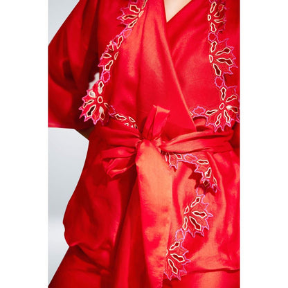 BETRUE Red Chanderi Silk Embroidered Shaket