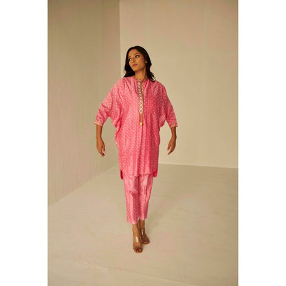 BETRUE Pink-Bat Sleeves Embroidered Shibori Shirt and Pant Set (Set of 2)