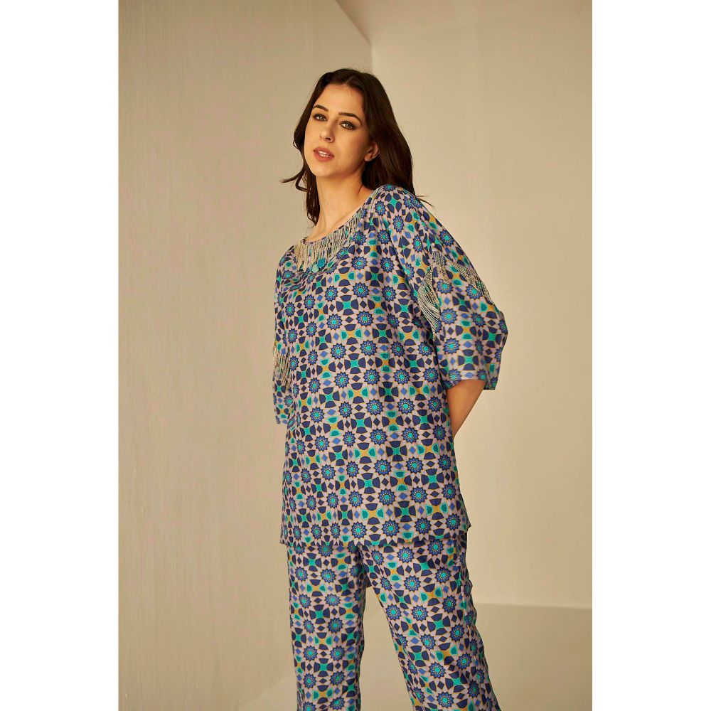 BETRUE Boat Neck Kokand Printed Top and Pants Set (Set of 2)
