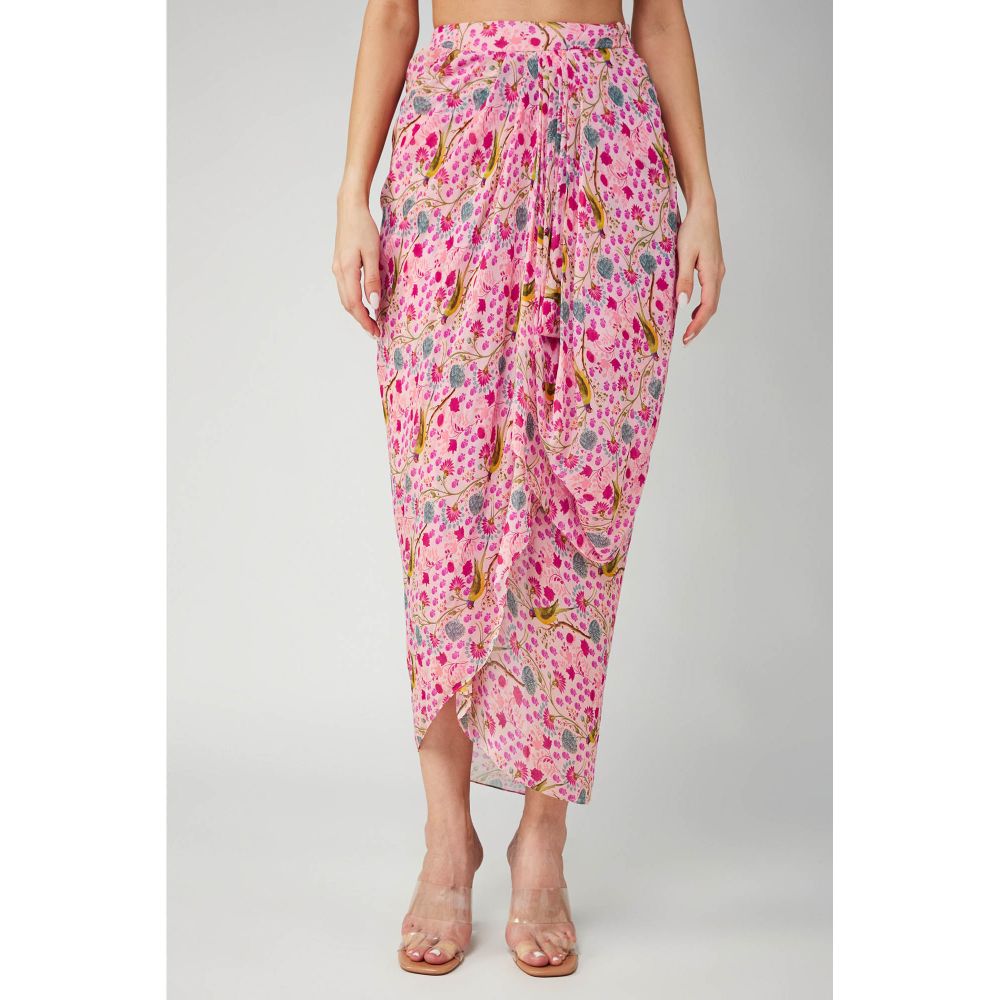 Betrue Pink Parrot Print Georgette Drape Skirt
