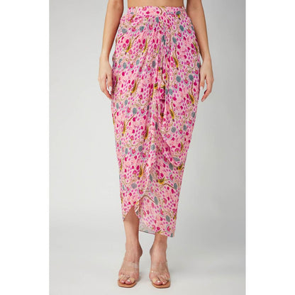 Betrue Pink Parrot Print Georgette Drape Skirt