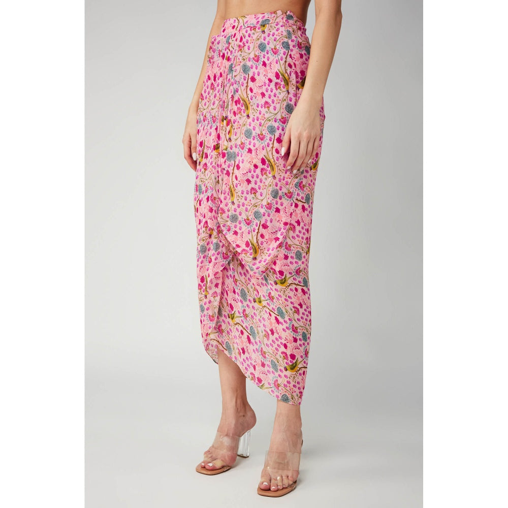 Betrue Pink Parrot Print Georgette Drape Skirt