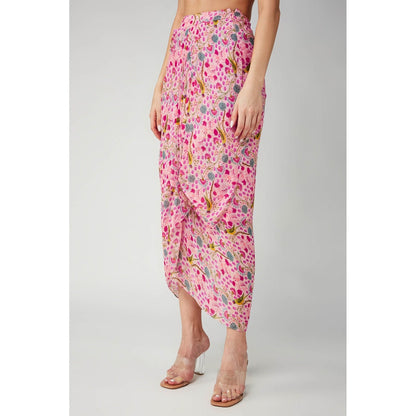 Betrue Pink Parrot Print Georgette Drape Skirt