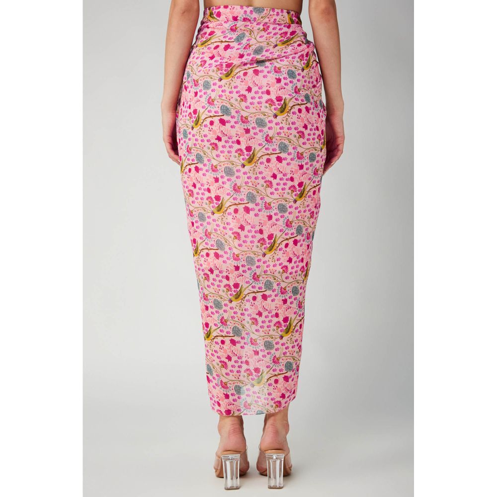 Betrue Pink Parrot Print Georgette Drape Skirt