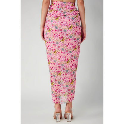 Betrue Pink Parrot Print Georgette Drape Skirt