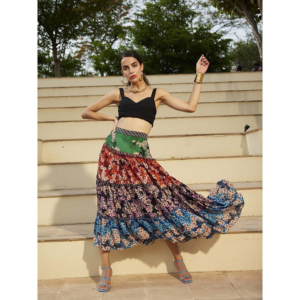 Bhanuni by Jyoti Candy Red, Shamrock Green and Amethyst Purple Midi Skirt