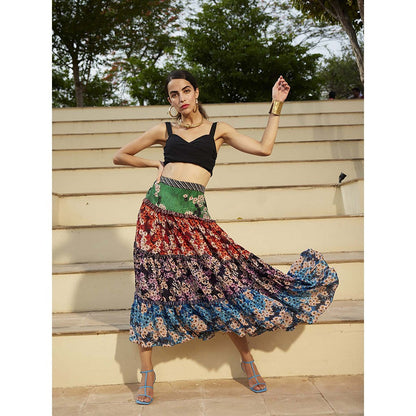 Bhanuni by Jyoti Candy Red, Shamrock Green and Amethyst Purple Midi Skirt
