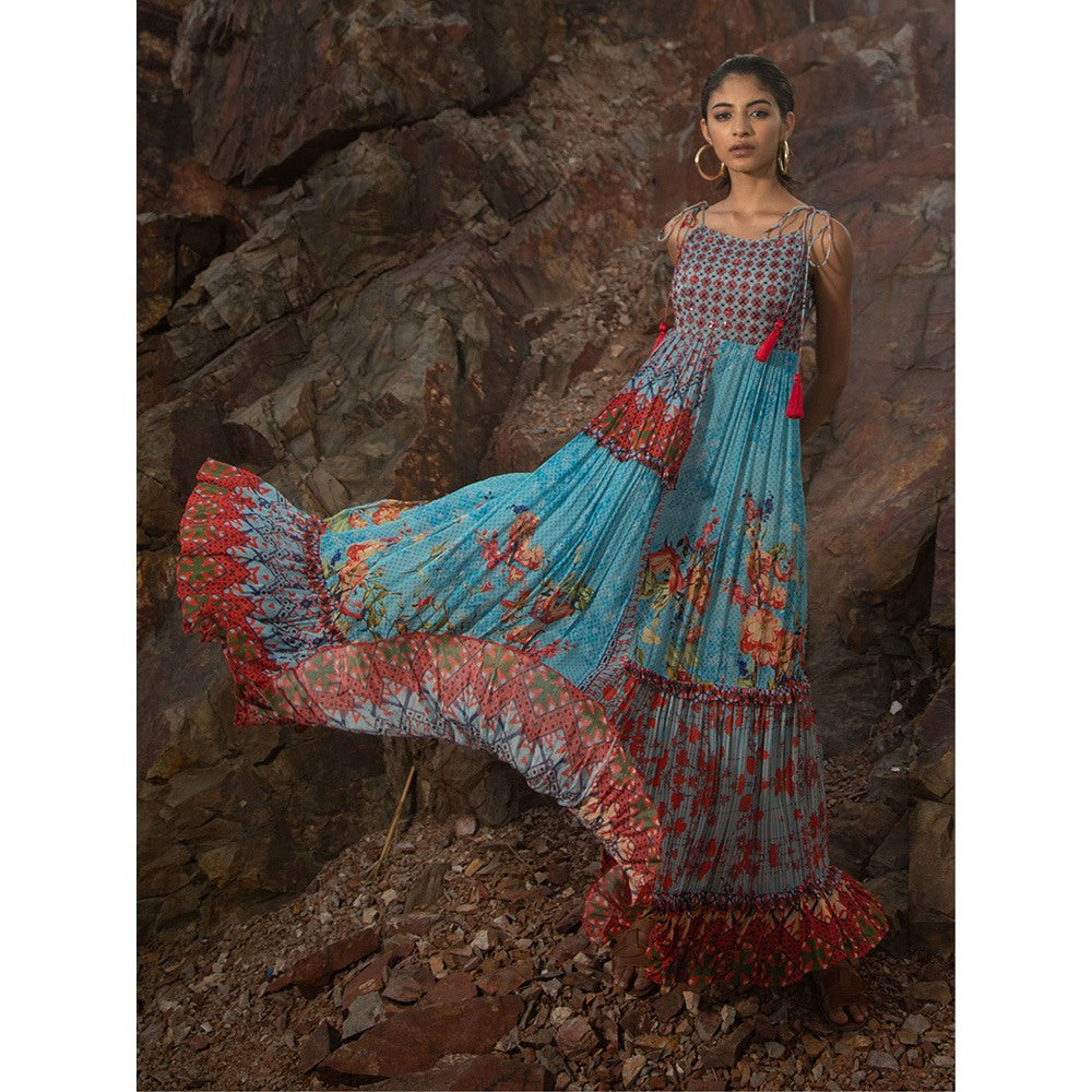 Bhanuni by Jyoti Women Printed Azure Blue Maxi Dress