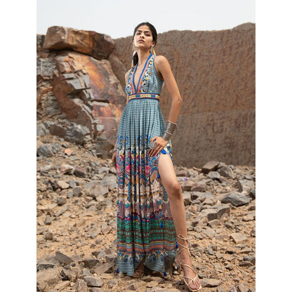 Bhanuni by Jyoti Women Printed Carolina Blue Maxi Dress