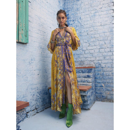 Bhanuni by Jyoti British Yellow Maxi Dress with Belt (Set of 2)