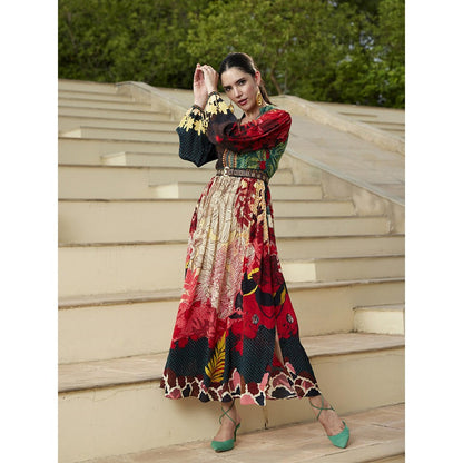 Bhanuni by Jyoti Rose Red Maxi Dress with Belt (Set of 2)