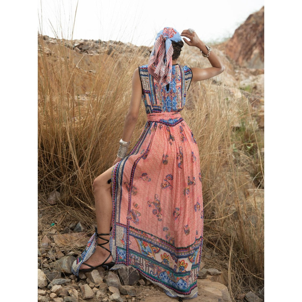 Bhanuni by Jyoti Pastel Cornflower Rouge Pink Maxi Dress with Belt (Set of 2)