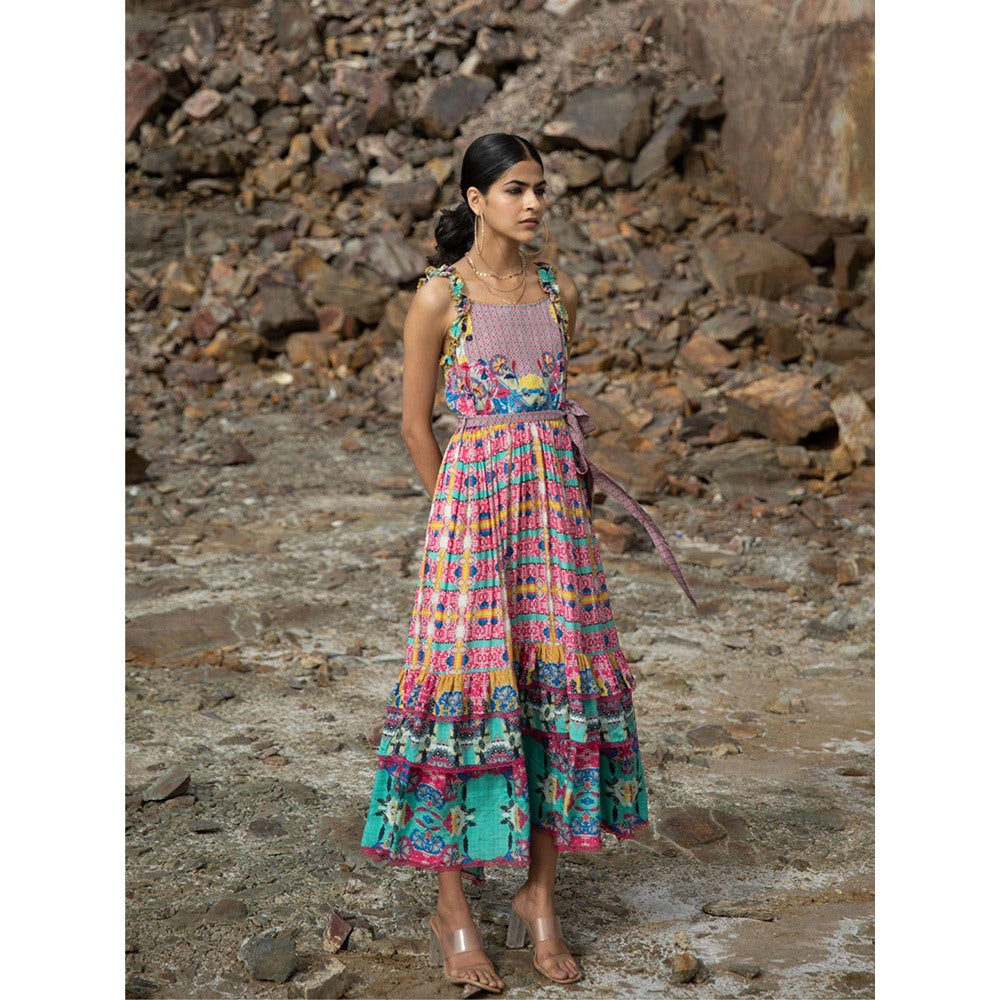 Bhanuni by Jyoti Multi-Colour Ultramarine Maxi Dress with Belt (Set of 2)