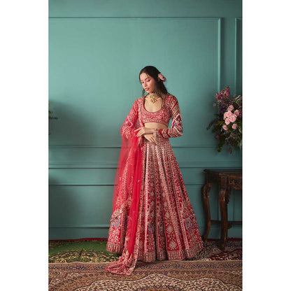 Jigar and Nikita Red Blouse and Lehenga with Dupatta (Set of 3)