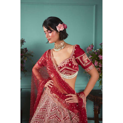 Jigar and Nikita Red Blouse and Lehenga with Dupatta (Set of 3)