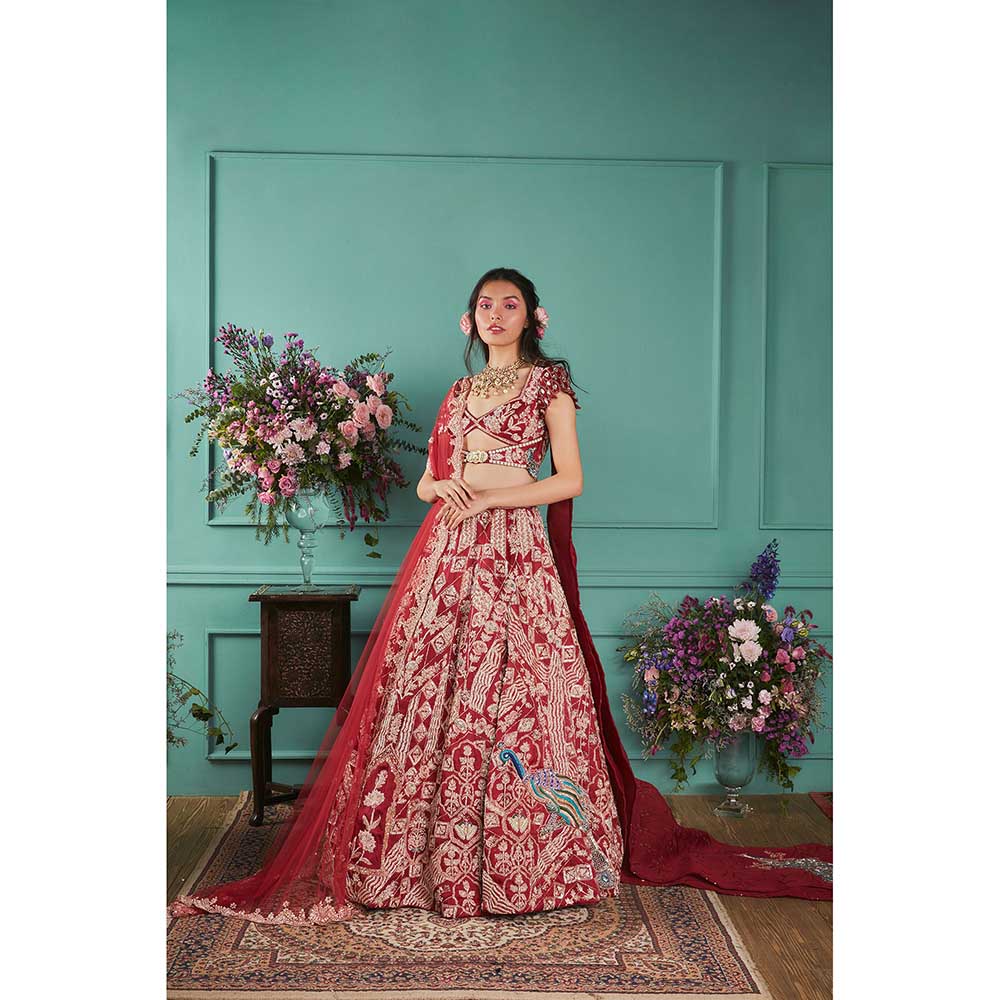Jigar and Nikita Red Blouse and Lehenga with Dupatta (Set of 3)