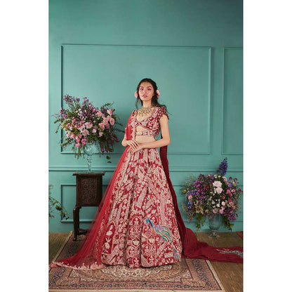 Jigar and Nikita Red Blouse and Lehenga with Dupatta (Set of 3)