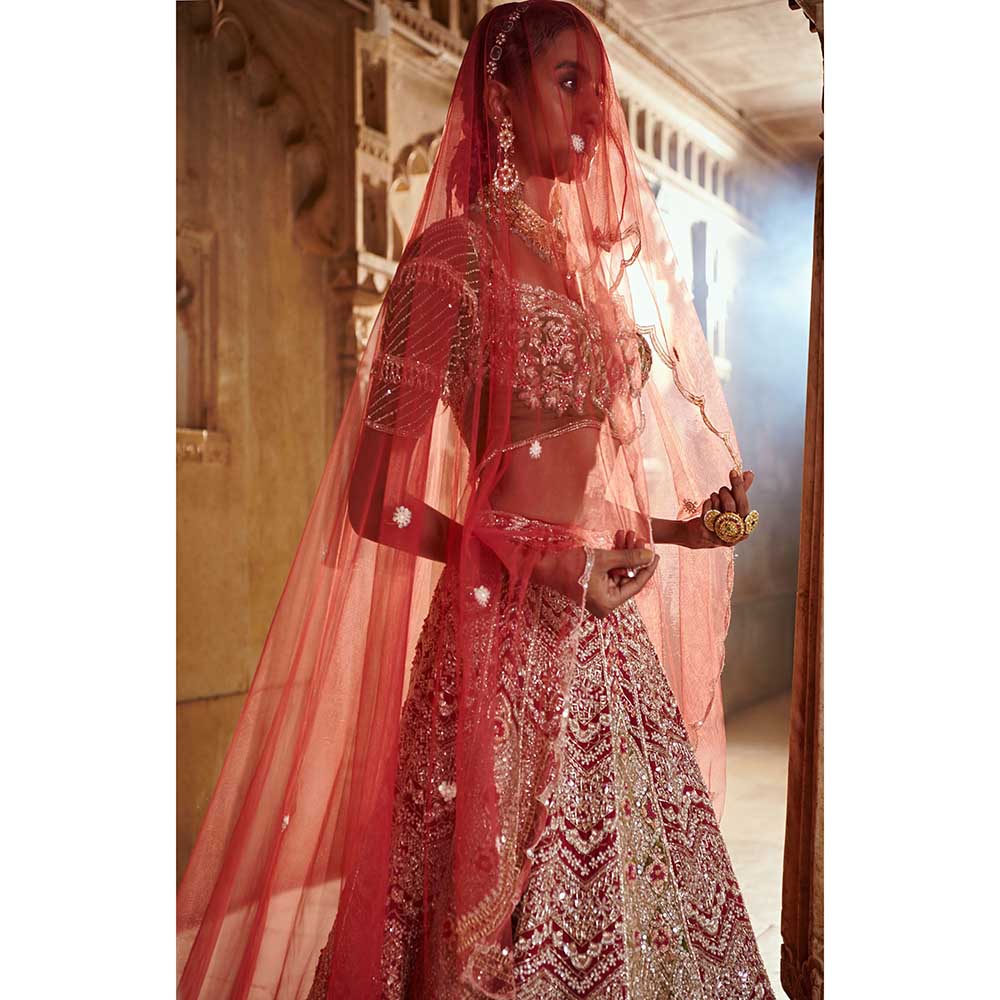 Jigar and Nikita Plum Bridal Blouse and Lehenga with Dupatta (Set of 3)
