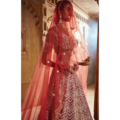 Jigar and Nikita Plum Bridal Blouse and Lehenga with Dupatta (Set of 3)