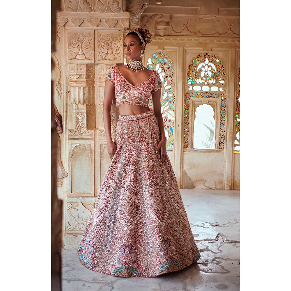 Jigar and Nikita Onion Pink Bridal Blouse and Lehenga with Dupatta (Set of 3)