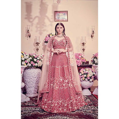 Jigar and Nikita Cranberry Red Blouse and Lehenga with Dupatta (Set of 3)