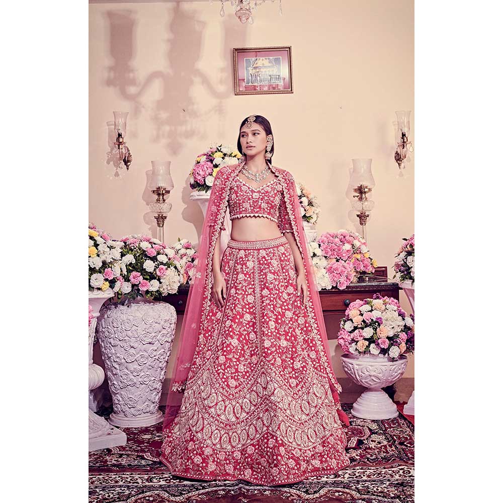 Jigar and Nikita Ruby Pink Blouse and Lehenga with Dupatta (Set of 3)