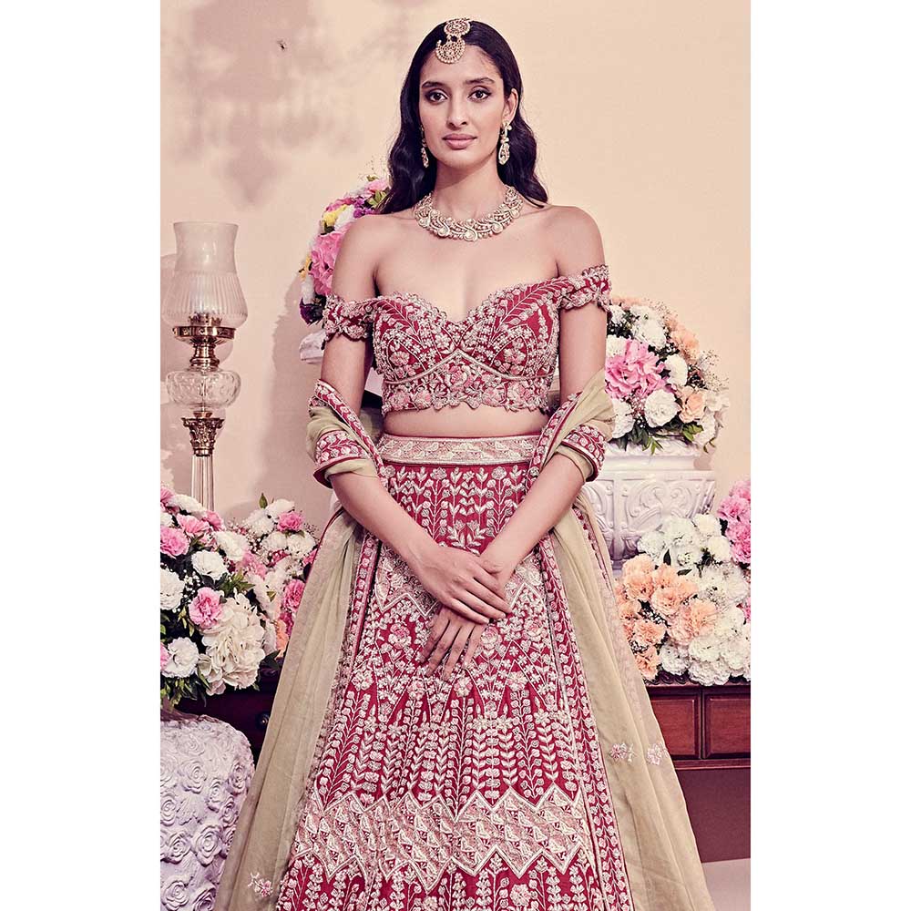 Jigar and Nikita Garnet Red Blouse and Lehenga with Dupatta (Set of 3)
