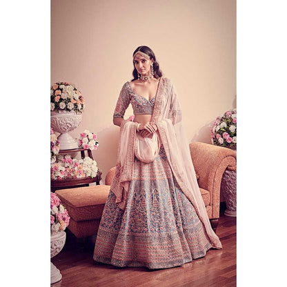 Jigar and Nikita Avant Garde Blue Hued Blouse and Lehenga with Dupatta (Set of 3)