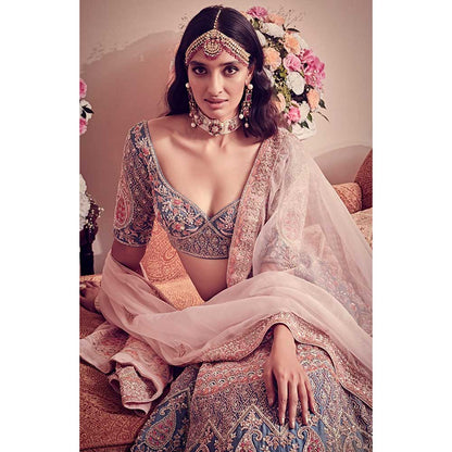 Jigar and Nikita Avant Garde Blue Hued Blouse and Lehenga with Dupatta (Set of 3)