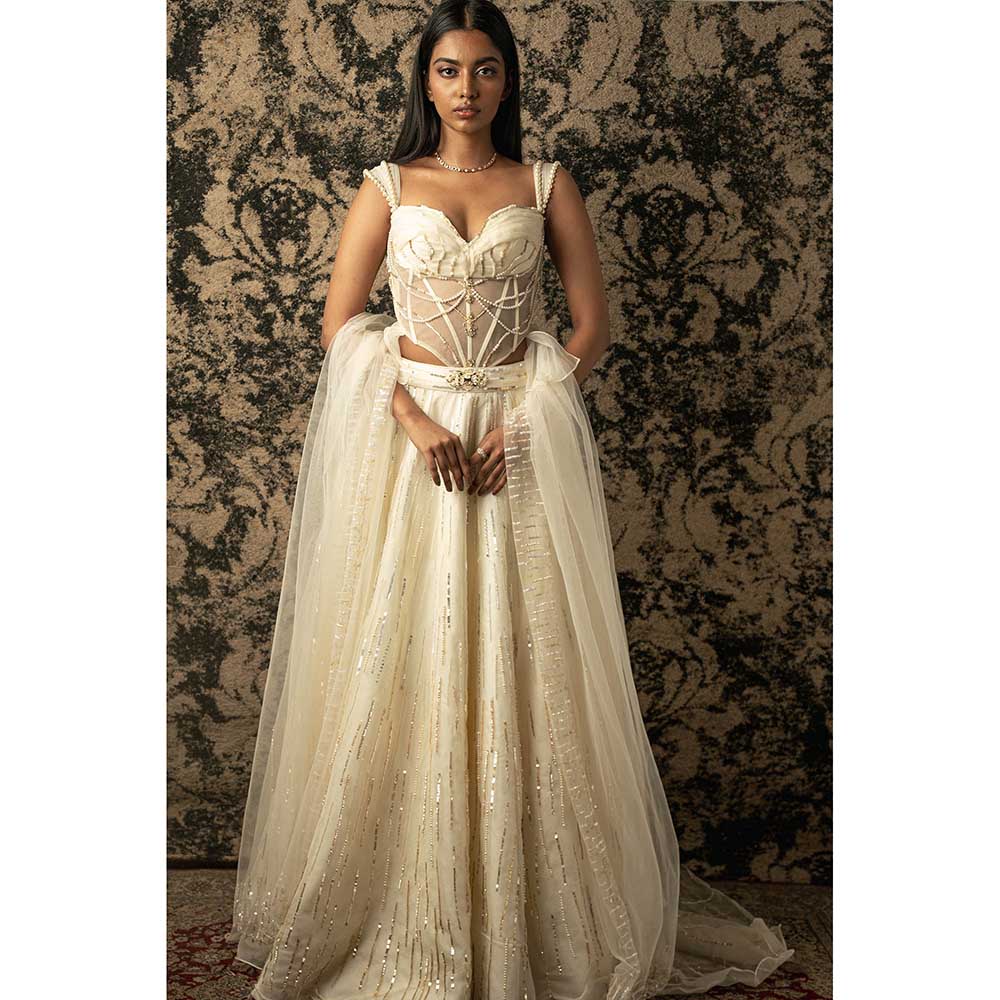 Jigar and Nikita Ivory Silk Lehenga With Blouse And Dupatta (Set of 3)