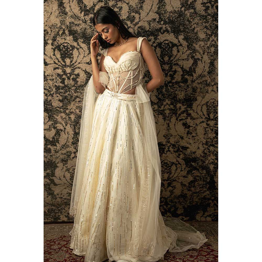 Jigar and Nikita Ivory Silk Lehenga With Blouse And Dupatta (Set of 3)