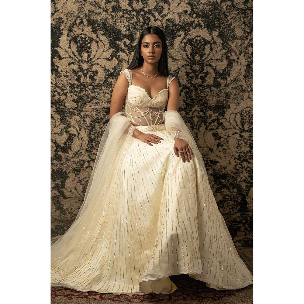 Jigar and Nikita Ivory Silk Lehenga With Blouse And Dupatta (Set of 3)