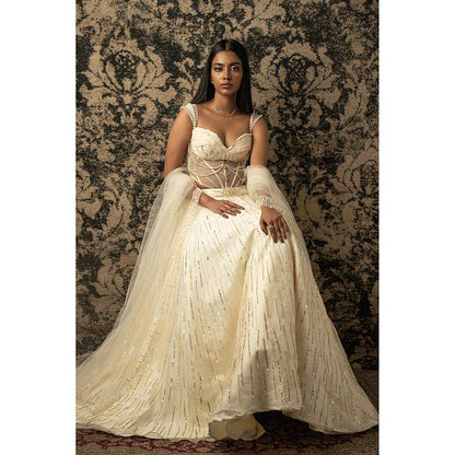 Jigar and Nikita Ivory Silk Lehenga With Blouse And Dupatta (Set of 3)