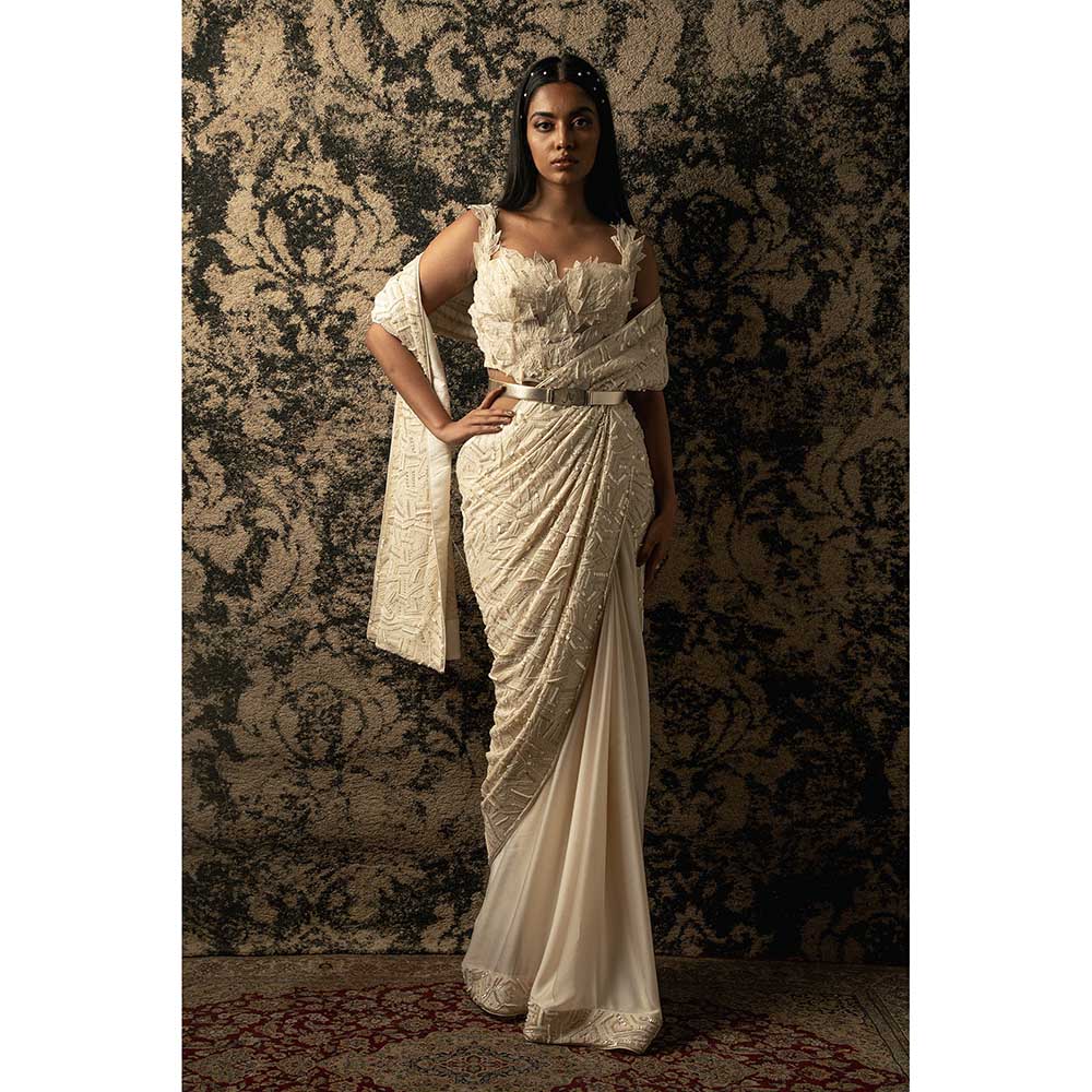 Jigar and Nikita Ivory Silk Saree With Stitched Blouse And Petticoat