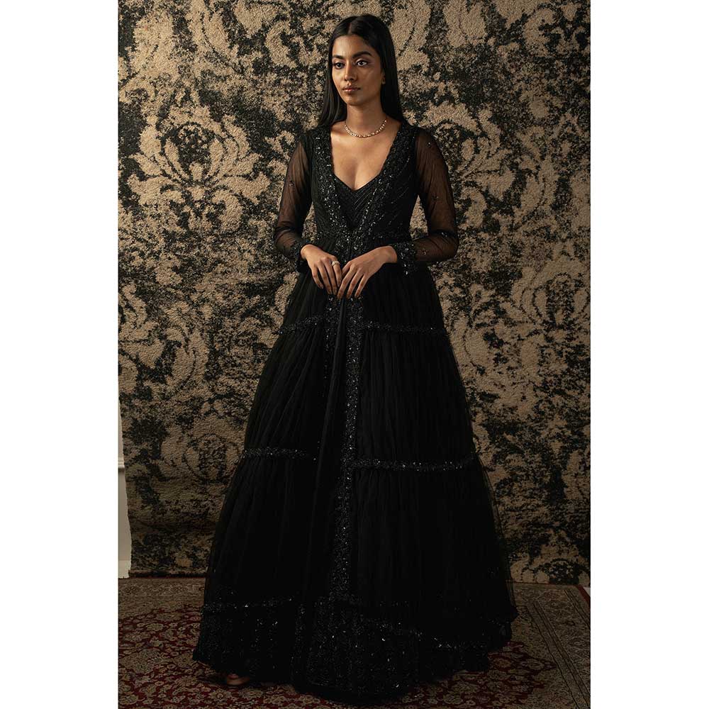 Jigar and Nikita Black Organza Anarkali With Shrug (Set of 2)