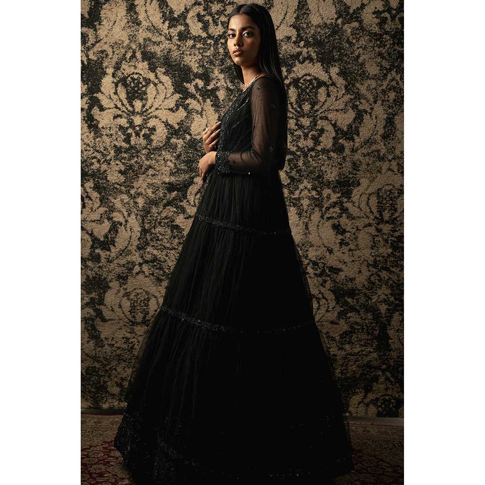 Jigar and Nikita Black Organza Anarkali With Shrug (Set of 2)