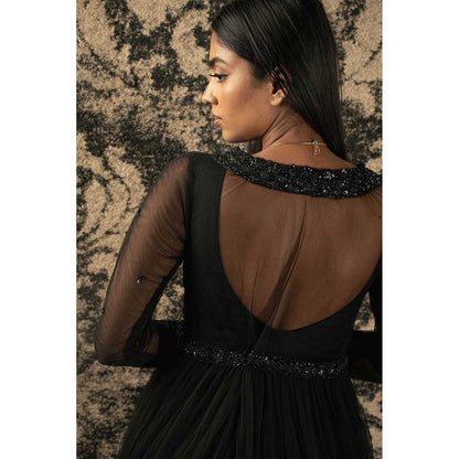 Jigar and Nikita Black Organza Anarkali With Shrug (Set of 2)