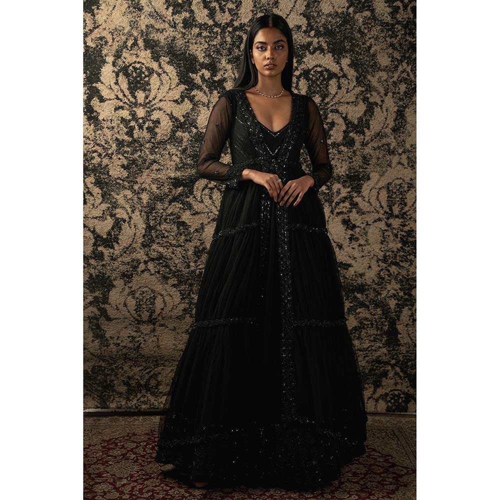 Jigar and Nikita Black Organza Anarkali With Shrug (Set of 2)