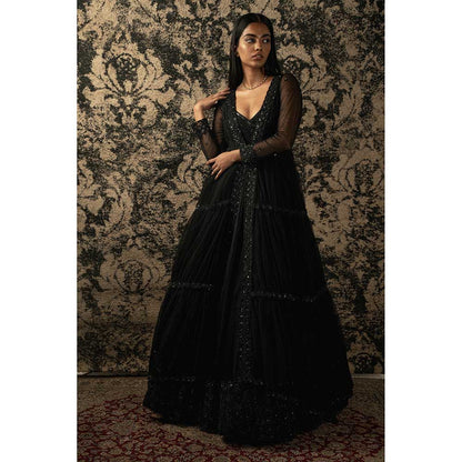 Jigar and Nikita Black Organza Anarkali With Shrug (Set of 2)
