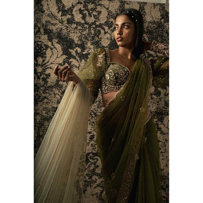Jigar and Nikita Olive Saree With Stitched Blouse And Petticoat
