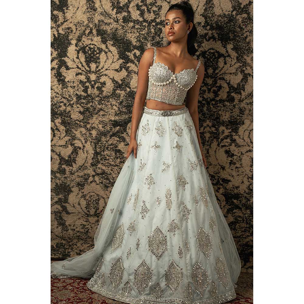 Jigar and Nikita Stellar Blue Organza Lehenga With Blouse And Dupatta (Set of 3)