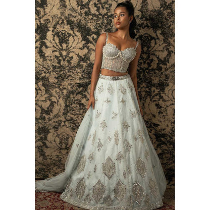 Jigar and Nikita Stellar Blue Organza Lehenga With Blouse And Dupatta (Set of 3)