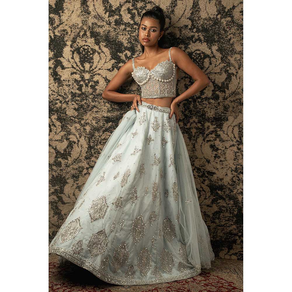 Jigar and Nikita Stellar Blue Organza Lehenga With Blouse And Dupatta (Set of 3)